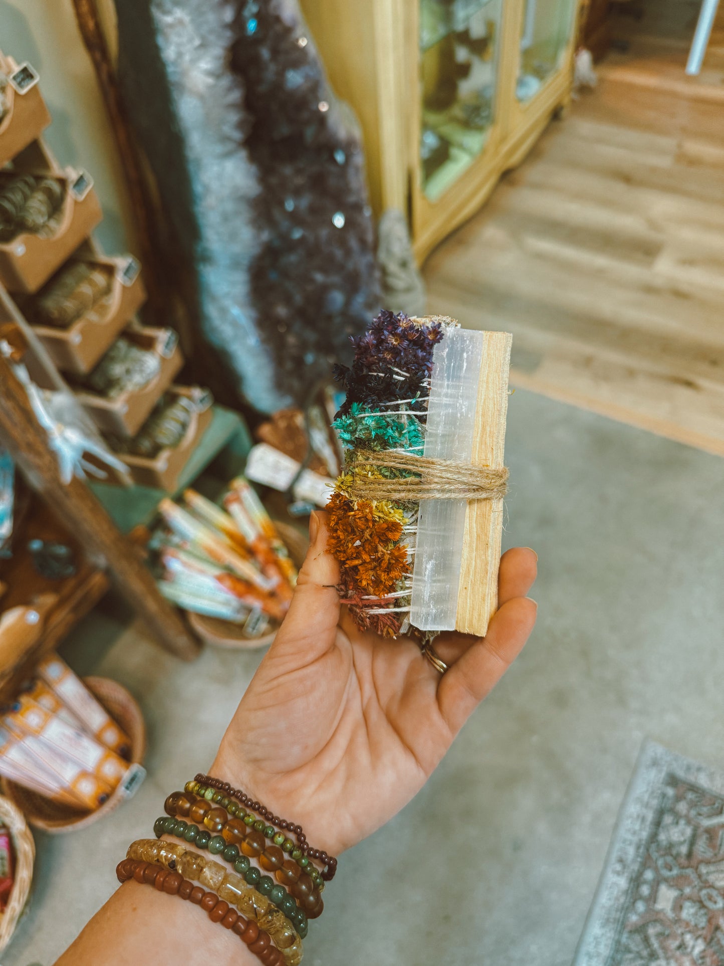 Chakra Flower Smudge Bundle with Selenite